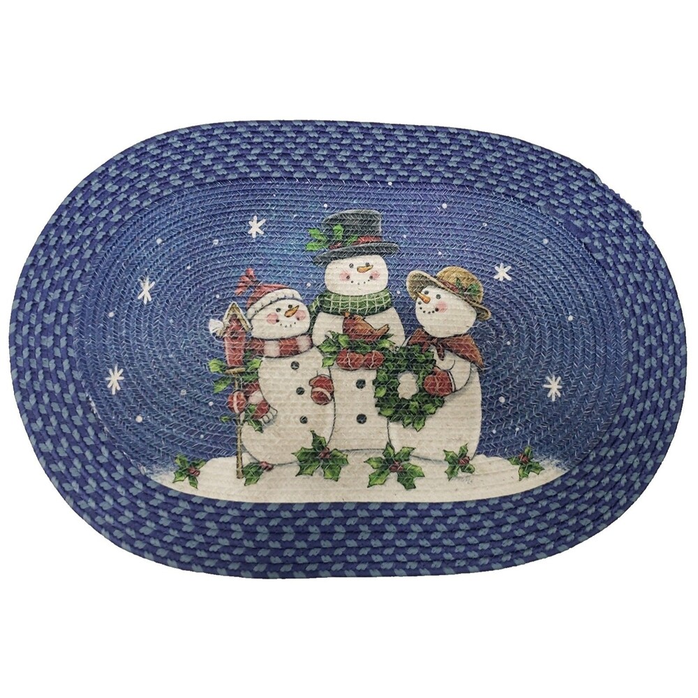 Oval Braided Kitchen Accent Rug (20"x30") CHRISTMAS, WINTER, 3 SNOWMEN ON BLUE
